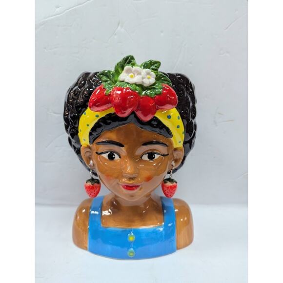 Large Ceramic Fruit lady headvase planter Multi 9" tall Strawberry Island Girl - Picture 8 of 8